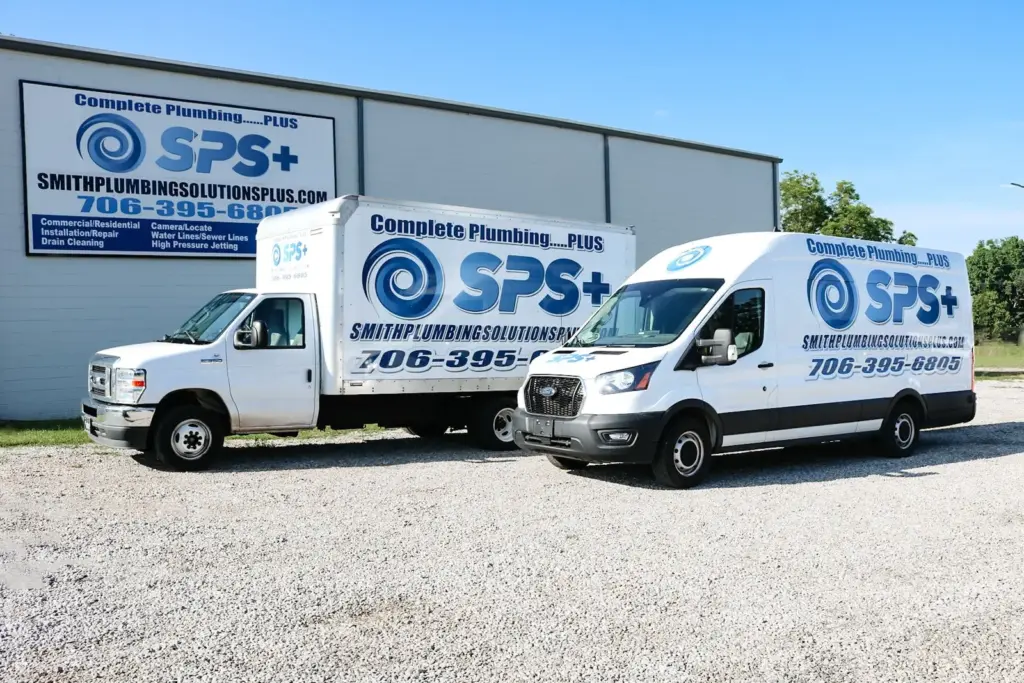 Smith Plumbing Solutions Plus service vans and box truck outside the shop