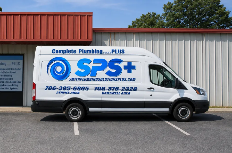 Smith Plumbing Solutions Plus van outside the shop, showing both office numbers