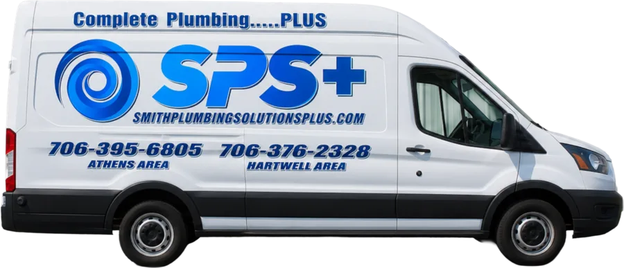 Smith Plumbing Solutions Plus service van showing the Athens-area and Hartwell-area phone numbers